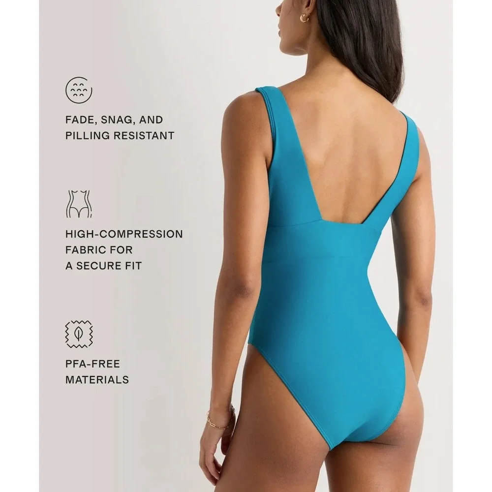 NWT Quince Italian Plunge One Piece Swimsuit, Lagoon Teal Blue, Sz M